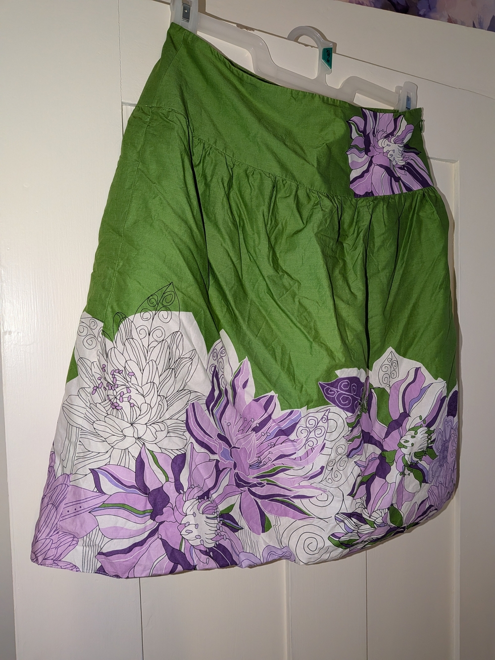 LOFT Green A-Line Skirt with Lavender Floral Border